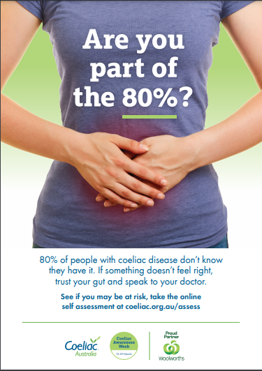 woman with hands over her stomach. Poster for Coeliac Awareness Week