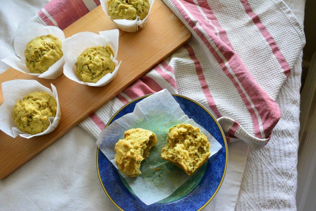 gluten-free low histamine zucchini muffins on a blue plate and board